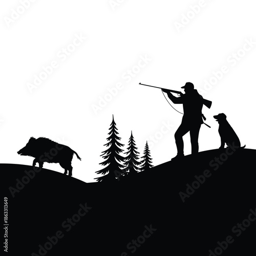 Hunter dog and wild boar silhouette against a forested hillside scene