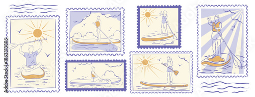 Stand up paddle boarding postage stamps in hand drawn style. Sport vector set in retro style.