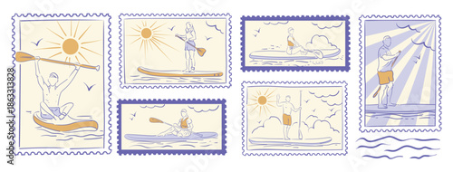 Stand up paddle boarding postage stamps in hand drawn style. Sport sketch vector set in vintage stile.