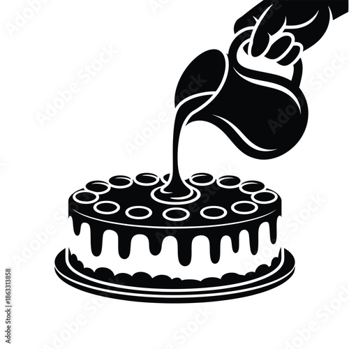 Pouring chocolate sauce over a decorated cake sweet confectionary delight