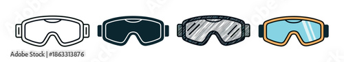 Set of four ski goggle icons presented in various graphic styles including simple line art, a solid silhouette, a hand-drawn sketch, and a flat color illustration