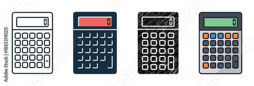Set of four calculator icons in different artistic styles including line art, flat design, grunge, and cartoon for financial and mathematical concepts