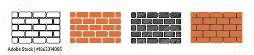 Set of four brick wall icons showing different graphic design styles including simple outline, flat color, and a hand-drawn sketch for building or construction themes
