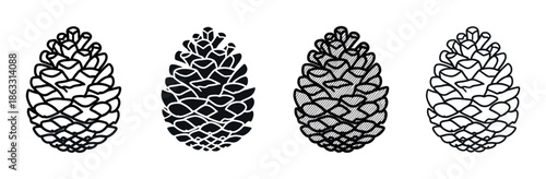 Four hand-drawn pinecone illustrations in a collection, showcasing various graphic styles including simple line art, silhouette, and hatching for a natural design element