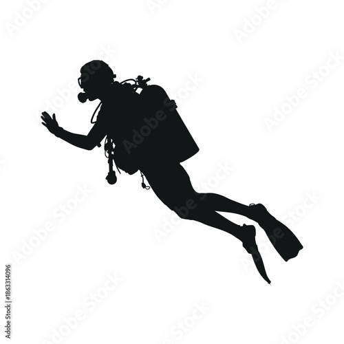 Scuba diver silhouette isolated on white background underwater exploration concept