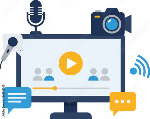 Digital media content creation and online streaming platform with video conferencing and communication elements.