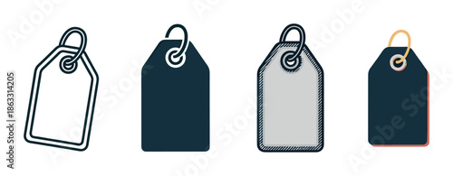 Set of four price tags presented in different graphic styles including outline, silhouette, hand-drawn sketch, and flat color design for retail and commercial concepts