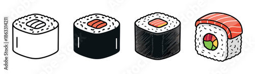Set of four sushi roll illustrations showing a design progression from simple black and white line art to a fully colored and detailed graphic of traditional seafood cuisine