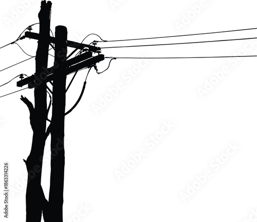 Electric utility power pole with tree silhouette vector illustration showing nature and overhead lines energy infrastructure isolated black design