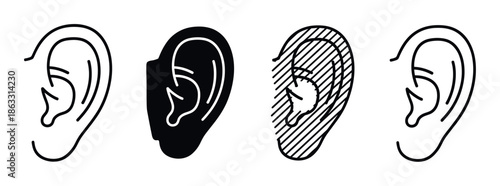 Set of four human ear icons in various linear and solid styles for concepts of hearing, listening, sound, and audiology, presented as a clean graphic illustration