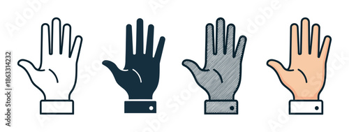 Set of four hand gesture icons showing an open palm in various graphic styles like line art, solid silhouette, hatched, and full color for user interface design