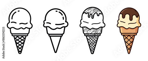Ice cream cone icon set with four different illustration styles from simple line art to a detailed color cartoon with chocolate topping, showing a design progression