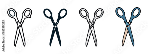 Set of four scissors icons presented in different artistic styles including a simple outline, a solid silhouette, a hand-drawn sketch, and a colorful cartoon illustration