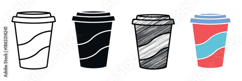 Four disposable coffee cups in various styles including line art, silhouette, sketch, and flat color illustration, representing a collection of graphic design elements for beverages