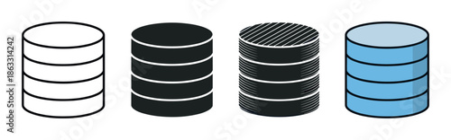 Set of four database server icons in various styles including outline, solid black, and blue color for representing data storage, information technology, and web hosting concepts