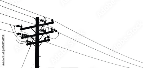 Electric utility power pole silhouette vector illustration with multiple crossarms insulators and overhead transmission lines energy infrastructure isolated black design
