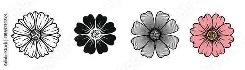 Set of four stylized flower illustrations showing different graphic design styles including simple line art, a black silhouette, a fine line pattern, and a pink colored version