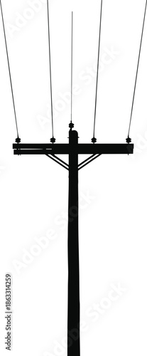 Electric utility power pole silhouette vector illustration with overhead transmission lines minimal energy infrastructure isolated black industrial design concept modern