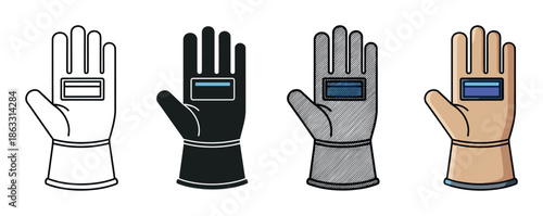 Set of welder's protective glove icons in four different graphic styles including line art, silhouette, textured, and full color for industrial safety equipment concepts