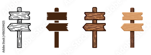Set of four wooden arrow signpost icons in different graphic design styles, including black and white outline, silhouette, and colored cartoon vector illustration
