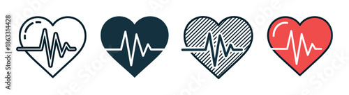 Four heart and cardiogram line icons in various simple styles including outline, solid fill, and hatched designs for health and wellness themes