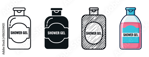 Set of four shower gel bottle icons in various graphic styles including outline, silhouette, hatched, and full color flat design for hygiene and cosmetic concepts
