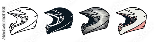 Set of four motocross helmet illustrations showing different artistic styles including line art, silhouette, engraved drawing, and a simple colored version for motorsport concepts