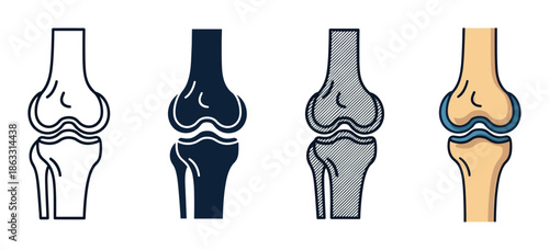 Human knee joint icon set showing four different graphic styles including line art, solid glyph, sketch, and color illustration for medical or anatomical concepts