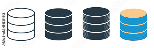 Collection of four database icons presented in various graphic styles like outline, solid glyph, and full color, symbolizing data storage and information systems