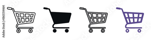 Shopping cart icon set with four different graphic styles including outline, silhouette, textured, and solid color for e-commerce and web design applications