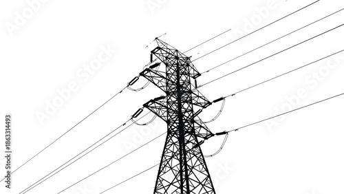 High voltage electric transmission tower silhouette vector illustration with overhead power lines energy infrastructure isolated black industrial grid design