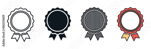 Set of four award ribbon seals shown in different graphic styles including outline, silhouette, striped pattern, and full color for quality and certification concepts