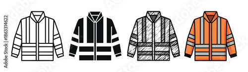 High visibility safety jacket icon set showing four different design styles including line art, glyph, sketch, and a full color orange illustration for workwear concepts