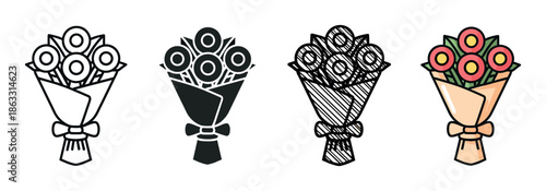 Beautiful set of four flower bouquet icons presented in different artistic styles: simple line art, solid glyph, hand-drawn doodle, and a vibrant colored version