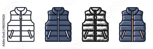 Four puffer vest or gilet icons in a collection showing different styles including line art, color fill, and a hand-drawn sketch for fashion or apparel concepts