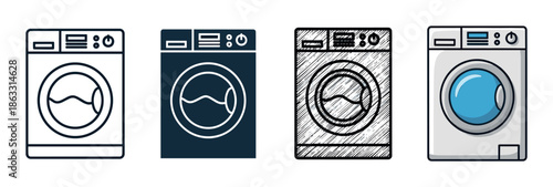 Washing machine icon set in four different artistic styles including line art, solid glyph, hand-drawn sketch, and colorful cartoon illustration for graphic design