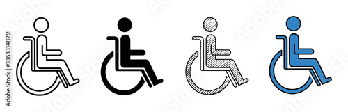 Set of four wheelchair accessibility icons shows different graphic styles including outline, silhouette, hand-drawn sketch, and blue color fill for public signage