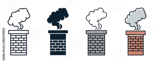 Chimney icon set with four different styles including line art, silhouette, hatched, and color versions of a brick smokestack with smoke billowing from the top