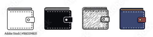 Set of four wallet icons showing different design styles including line art, silhouette, a hand-drawn sketch, and a flat color cartoon for finance and payment concepts