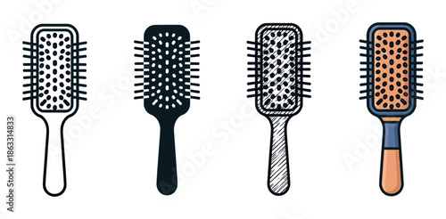 Hairbrush icon set with four different styles including line art, solid glyph, hand-drawn sketch, and colored outline for beauty, salon, and haircare concepts