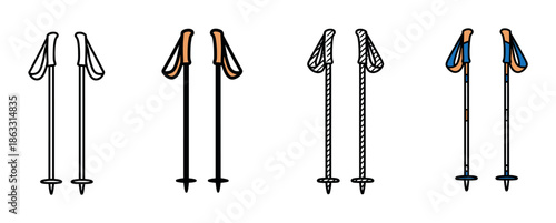 Collection of four ski pole pairs illustrated in various graphic styles, including simple outline, color fill, and detailed line art for winter sports and recreation