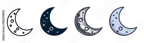 Set of four crescent moon icons showing different artistic styles including outline, silhouette, hand-drawn sketch, and simple color fill for graphic design elements
