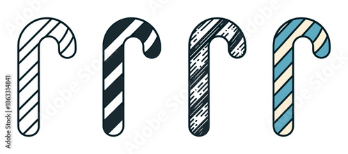 Four striped candy cane illustrations in different graphic styles, including outline, solid black, textured, and colored blue and cream for festive holiday designs