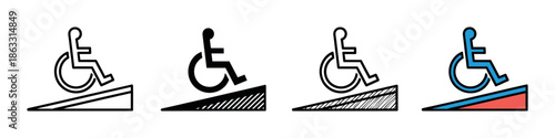 Collection of wheelchair ramp accessibility icons in four distinct styles, including simple line art, a bold silhouette, a sketched version, and a full-color graphic design