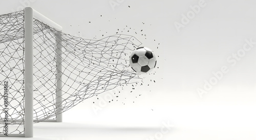 Soccer ball breaks through torn net on white background