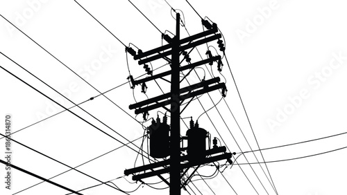 Electric utility power pole silhouette vector illustration with multiple transformers insulators and tangled overhead wires energy infrastructure isolated black design
