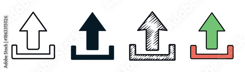 Set of four upload arrow icons in various styles including line art, solid silhouette, hand-drawn sketch, and simple color for user interface design or web applications