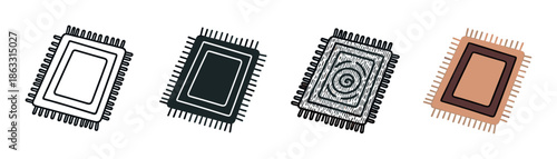 Set of four rectangular rug icons with fringes in different styles including outline, silhouette, patterned, and colored versions, presented as a simple vector illustration collection