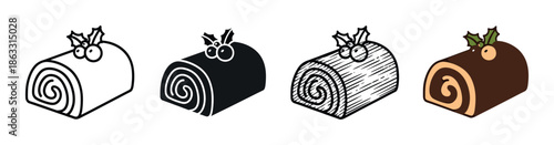 Christmas Yule log cake icon set in four different graphic styles including a simple outline, solid silhouette, hand-drawn sketch, and a flat color version