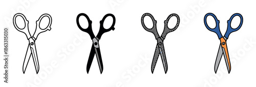 Set of four scissors icons presented in various graphic styles, including simple line art, a solid black silhouette, a hatched sketch, and a colorful cartoon illustration